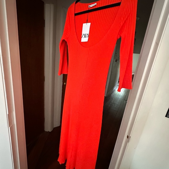 chinese dress ladies Zara Red Orange Rib Knit V-neck Long Sleeve Collar Mini Polo Sweater Dress  Sz S main image 1